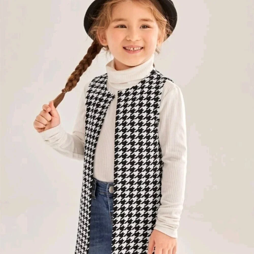SHEIN Young Girl Houndstooth Print Open Front Vest Coat